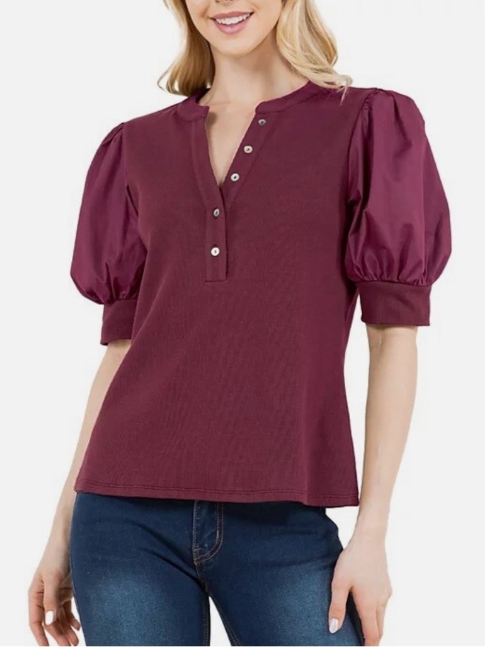 LIKE NEW Single Thread Women's Burgundy Ribbed Puff-Sleeve Top in Cotton - L